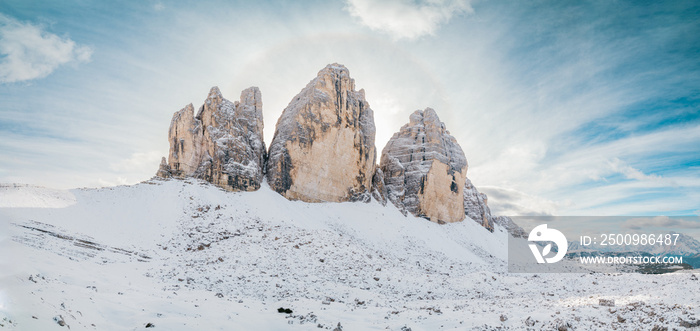 Super panorama of Tre Cime di Lavaredo in snow South Tyrol, Italy. Winter landscape of Dolomites, Italy