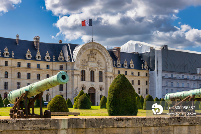 Historic cannon in Les Invalides museum in Paris, France.