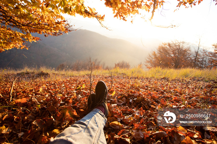 Traveller legs in magic autumn forest. Freedom concept.