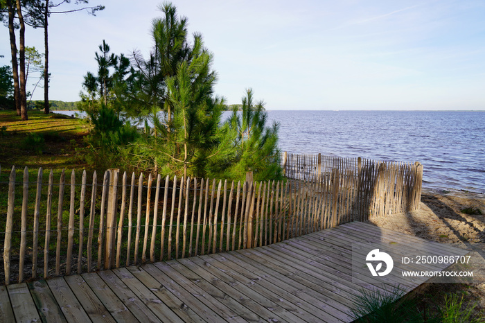 hourtin lake view wooden path terrace in gironde France