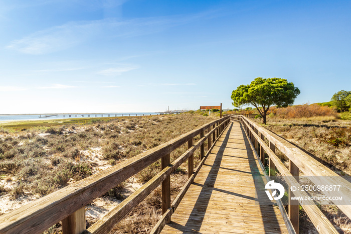 Wooden bridge over dunes of Ria Formosa Natural Reserve in Olhao, Algarve, Portugal