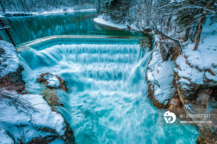 Waterfall in winter, Lechfall in Füssen, Bavaria Germany.