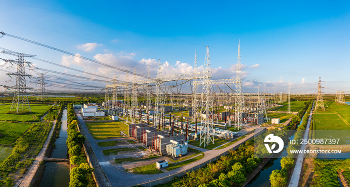 Aerial view of a high voltage substation.