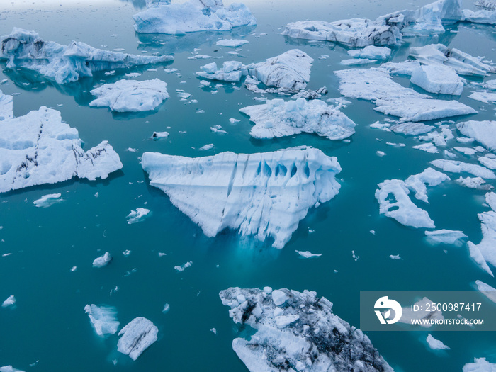 Aerial photo, Glacier lagoon and iceberg landscape