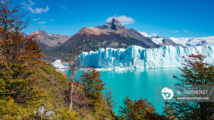 Panoramic view of the gigantic Perito Moreno glacier, its tongue and lagoon in Patagonia in golden Autumn, Argentina