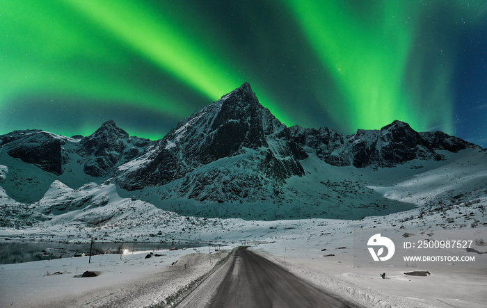 Northern lights over winter landscape