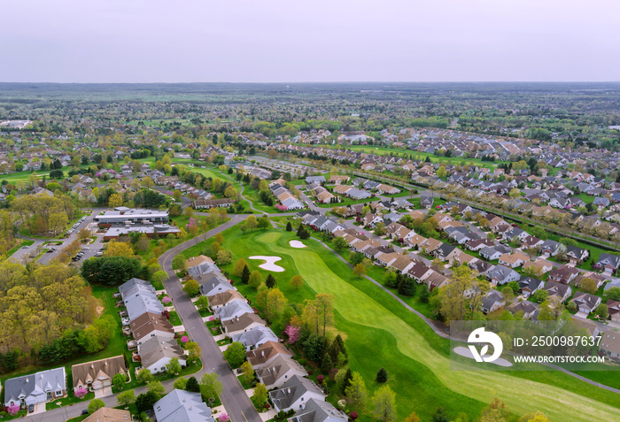 Scenic seasonal landscape from above aerial view of a small town in countryside Ohio US