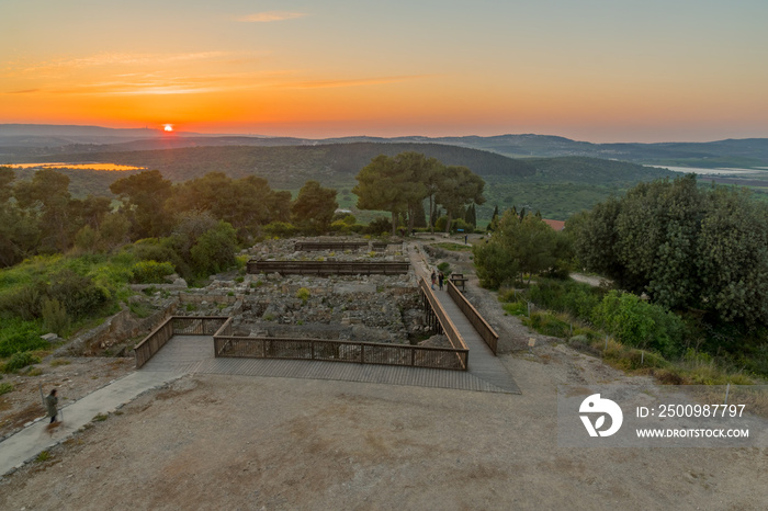 Sunset view of ancient ruins in Tzipori, and landscape