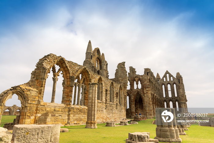 Ruins of  Whitby Abbey, a 7th-century Christian monastery that later became a Benedictine abbey.