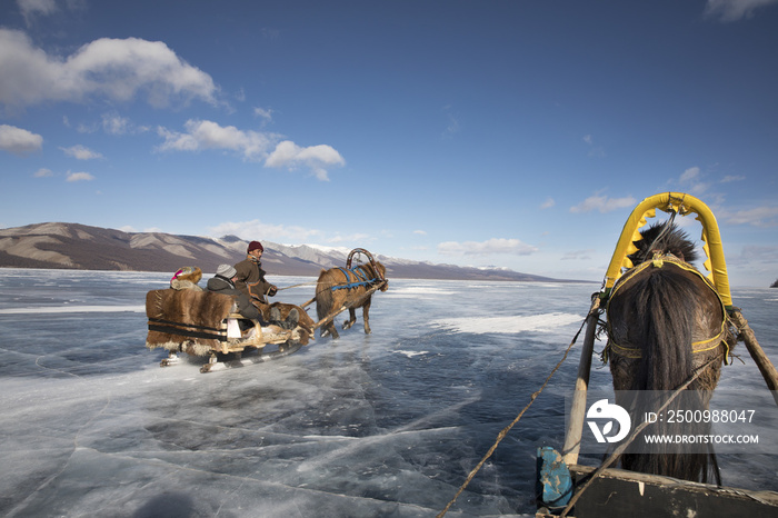 sledge ride on ice covered lake Khovsgol, Mongolia