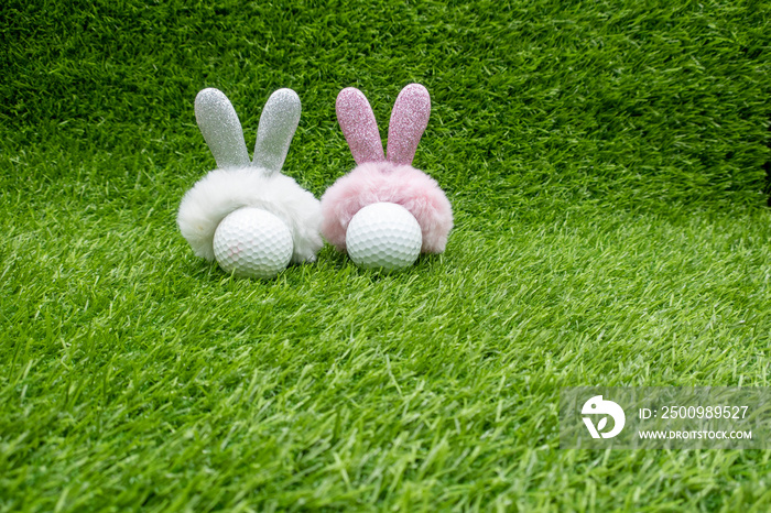 Golf Easter with rabbit ear on golf ball on green grass