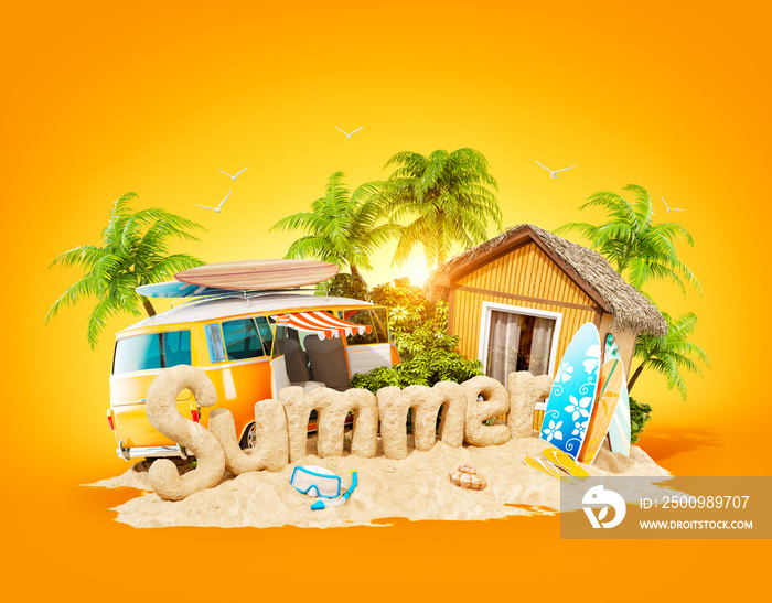 The word Summer made of sand on tropical island. Unusual 3d illustration of summer vacation. Travel and vacation concept.