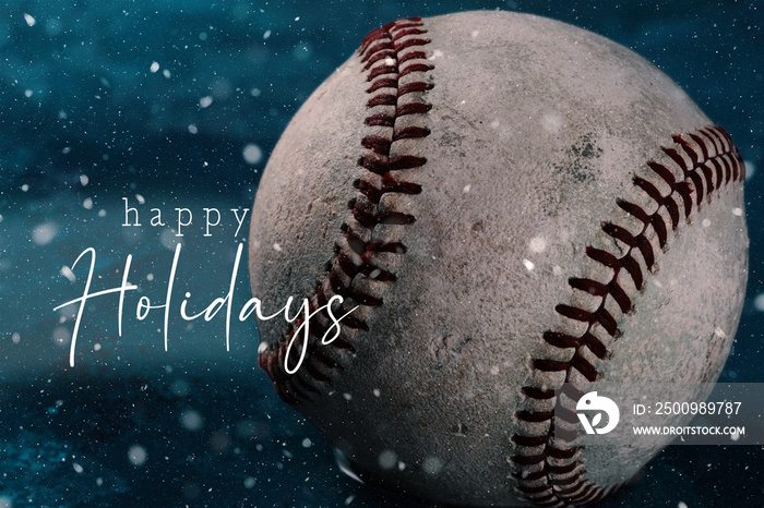 Baseball sports background for Christmas season with happy holidays text.