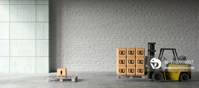 forklift in warehouse moving boxes with money symbols to a box on palette with people symbols