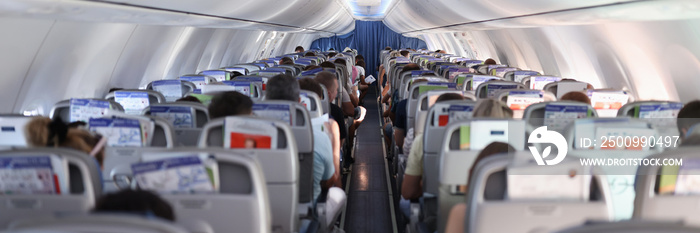 Passengers sitting in seats of plane back view