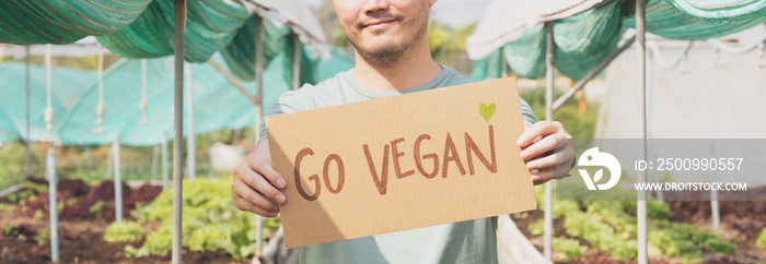 Closeup hands of a man holding a placard cardboard say  Go vegan  standing in a vegetables greenhouse. Vegan diet, Plant-based eating, Sustainable living lifestyle, Farm to fork, Global warming.