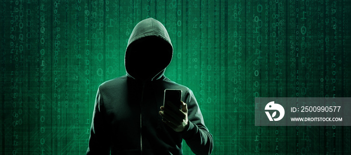 Wanted Hacker is Coding Virus Ransomware Using Abstract Binary Code. Cyberattack, System Breaking and Malware Concept.