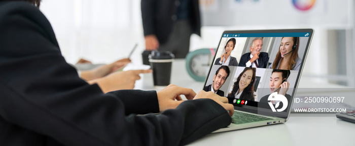 Business people in video call meeting proficiently discuss business plan in office and virual workplace . Telework conference call using smart video technology to communicate colleague .