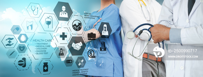 Medical Healthcare Concept - Doctor in hospital with digital medical icons graphic banner showing symbol of medicine, medical care people, emergency service network, doctor data of patient health.