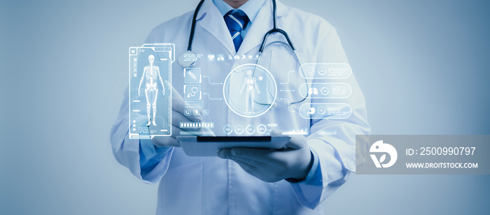 Doctor work on tablet with experiences a virtual interface with human body analysis. Digital healthcare and network connectivity on a modern interface. medical technology and futuristic concept