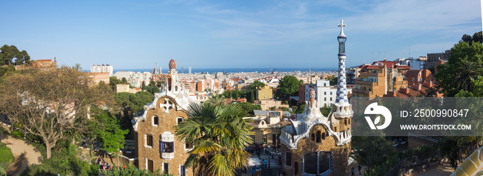 Panoramic view of Barcelona from Park Guell in a summer day. Catalonia, Spain.