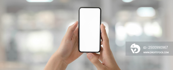 Cropped shot of a man holding blank screen smartphone in blurred glass partition office