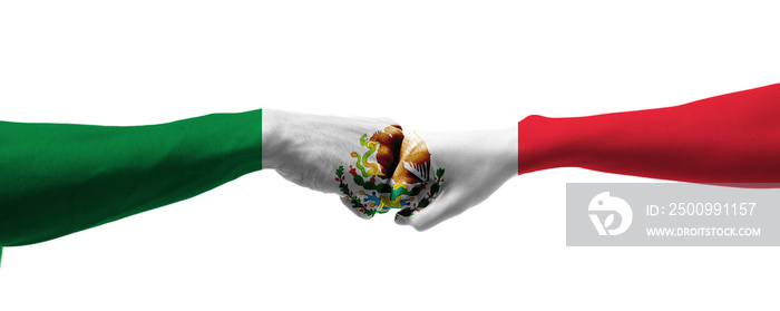 Hands painted in colors of Mexican flag on white background