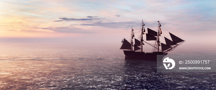 Pirate ship sailing on the ocean at sunset