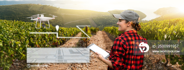 Woman farmer with tablet and drone at wine farm