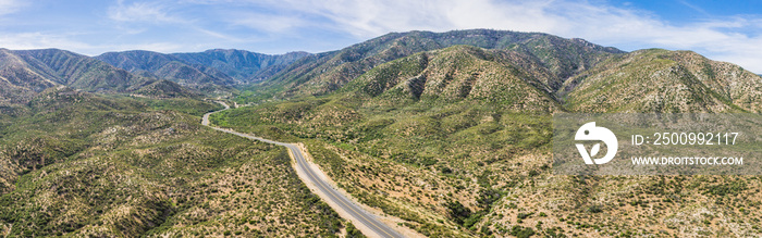 Panoramic drone photograph of desert hills in California’s Mojave Desert.