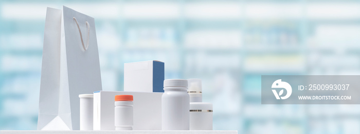 Medicines and cosmetics on the pharmacy counter