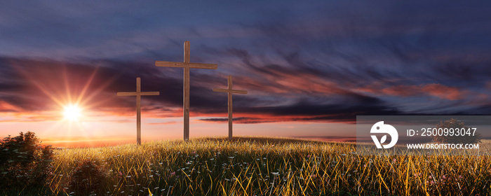 Crucifixion and Resurrection. Three crosses in field by sunset. Easter or Resurrection concept. He is Risen. Happy Easter.