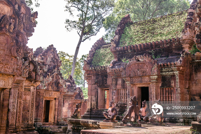 Banteay Srei Temple (Ban Tai Srei Temple) of the Angkor Complex in Cambodia, Asia which Spectacular pediments adorn the buildings of the 10th Century and dedicated to the Hindu god Shiva.