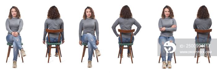 collage of a woman sitting on a chair in white background, front and back view