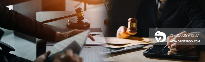 Business and lawyers discussing contract papers with brass scale on desk in office. Law, legal services, advice, justice and law concept picture with film grain effect