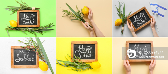 Collage with Sukkot festival symbols on colorful background