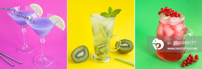 Collage of cold drink with kiwi, red currant and lavender on the colored background. Close-up.