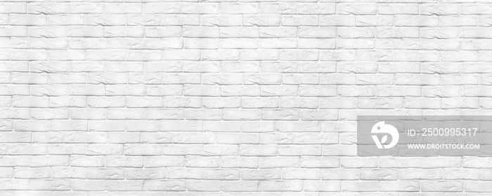 White brick wall texture panoramic backdrop. Home and office washed design background. Painted bricks wall