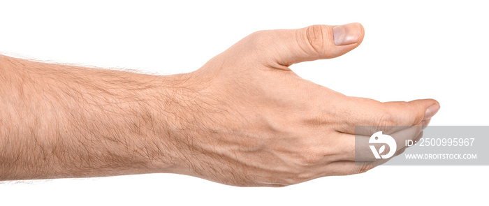 male caucasian hands  isolated white background showing  gesture holds something or takes, gives. man hands showing different gestures