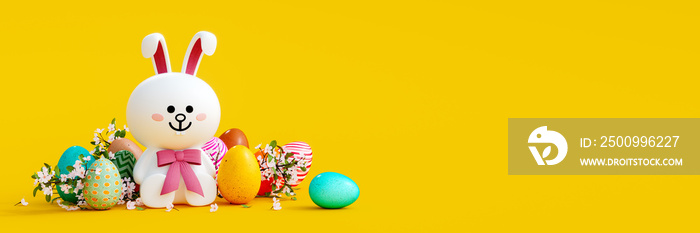 White bunny with colorful eggs and decoration on yellow Easter background 3D Rendering, 3D Illustration