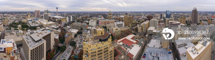 Aerial view of San Antonio downtown skyline including Tower Life Building and Tower of the Americas panorama, San Antonio, Texas, TX, USA.
