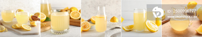 Set of fresh lemon juice on light background