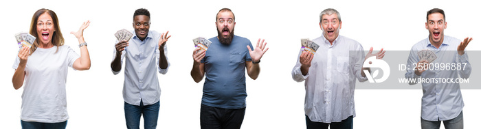 Collage of group of business people holding bunch of dollars cash over isolated background very happy and excited, winner expression celebrating victory screaming with big smile and raised hands