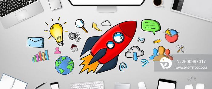 Red hand drawn rocket with icons on office background