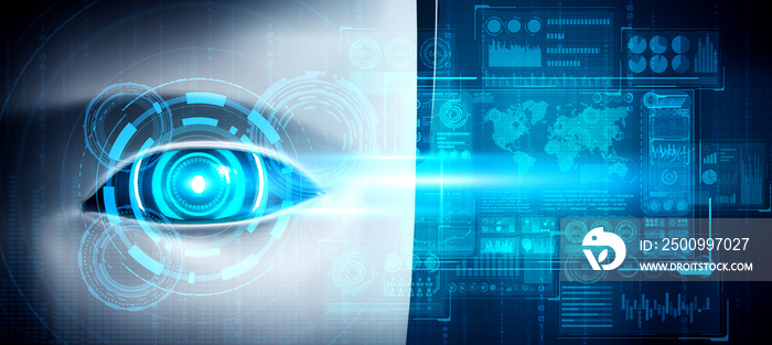 Robot humanoid face close up with graphic concept of big data analytic by AI thinking brain, artificial intelligence and machine learning process for the 4th fourth industrial revolution. 3D rendering