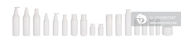 Cosmetic bottles isolated. Set blank cosmetic on transparent background. Design packaging. Skin products, gel, lotion, foam, cream, face care container.