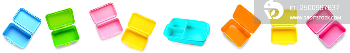 Set of empty plastic lunch boxes on white background