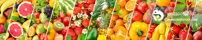 Wide photo fresh fruits, vegetables and berries separated sloping lines.