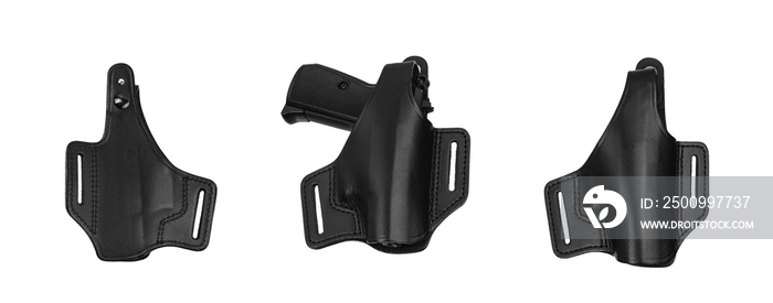 Leather holster for a pistol. Accessory for convenient and concealed carrying of weapons. View from all sides. Isolate on a white back.