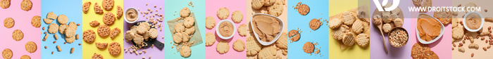 Collage of tasty cookies with peanuts and butter on color background, top view